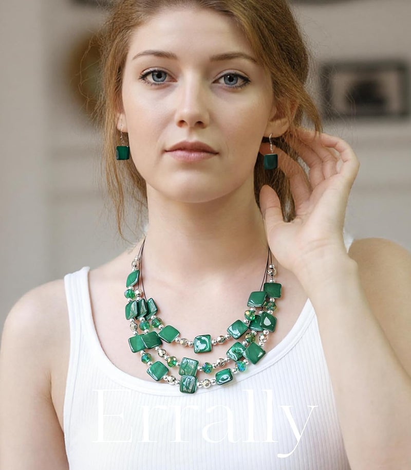 Errally Store Layered Beaded Statement Necklaces for Women Square Shell Bead Collar Necklace and Earring Set Birthday Gifts Boho Jewelry Sets for Women - Image 3